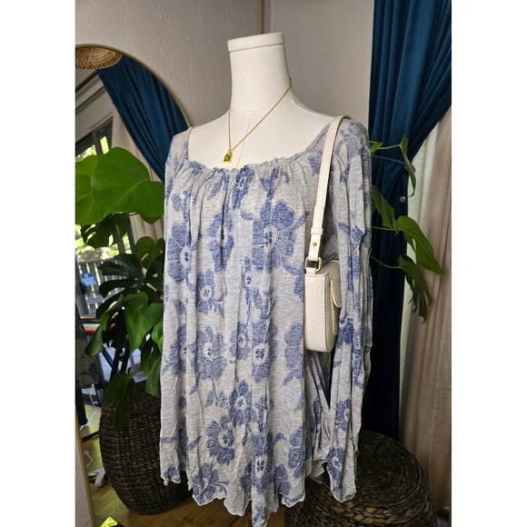 Free People Top Tunic Gray Blue Floral Long Sleeve Open Back Flowy - Picture 1 of 9